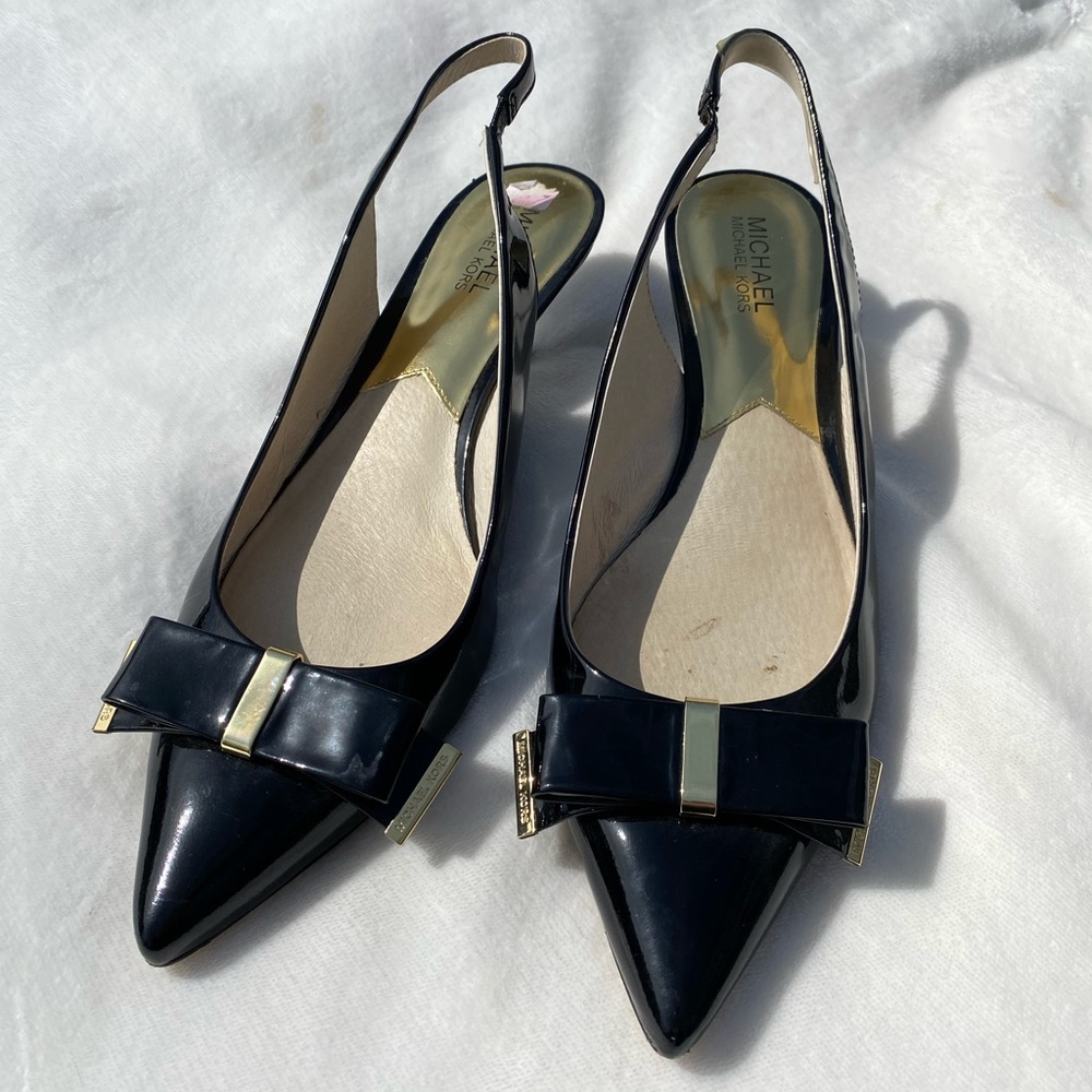 Michael Kors black gold bow sling back pump heels women size 11